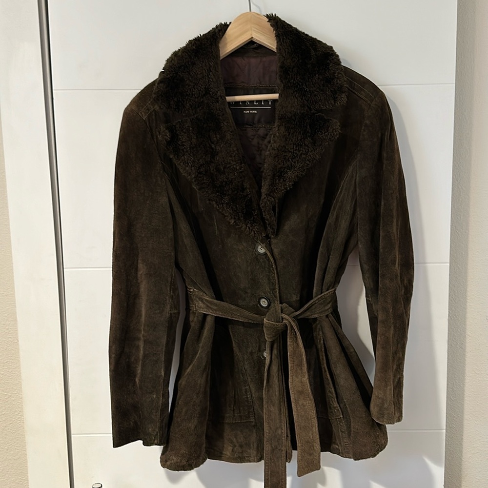 WINLIT Suede Leather Button up Womens Jacket with Belt Tie Size L